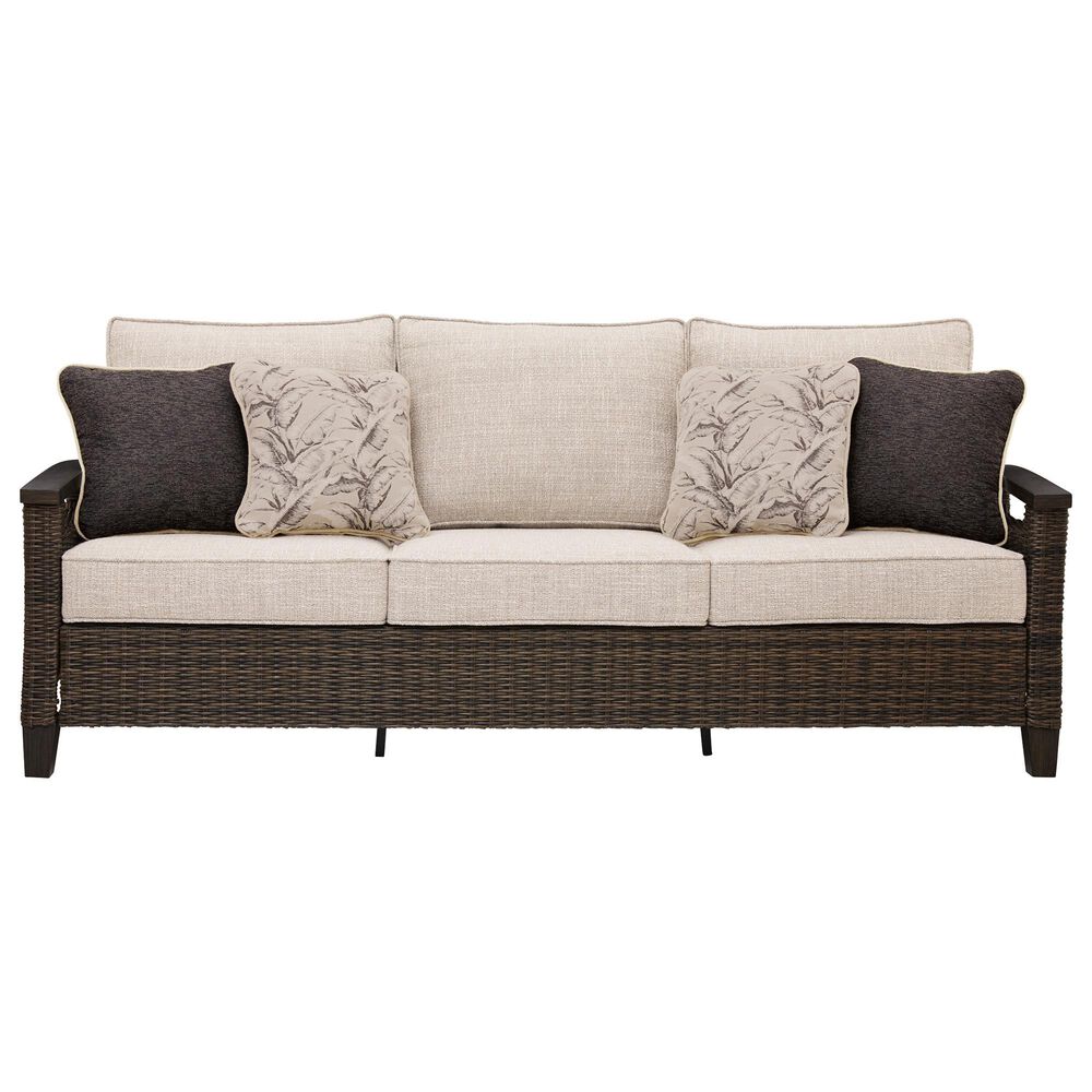 Ashley Monterey Point Stationary Sofa with Beige Cushions in Dark Brown, , large