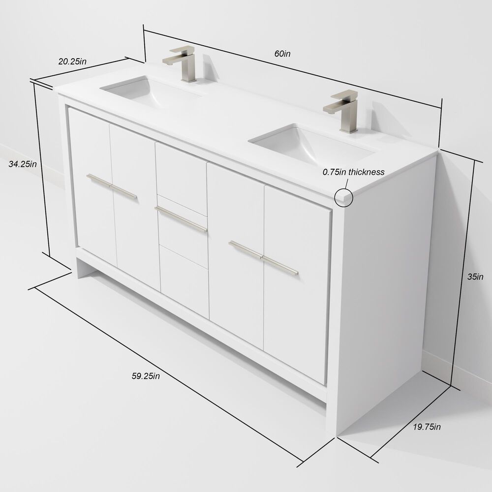 Lexora Home Lafarre 60" Double Bathroom Vanity in White with 2 cm White Quartz Top and Rectangular Sinks, , large