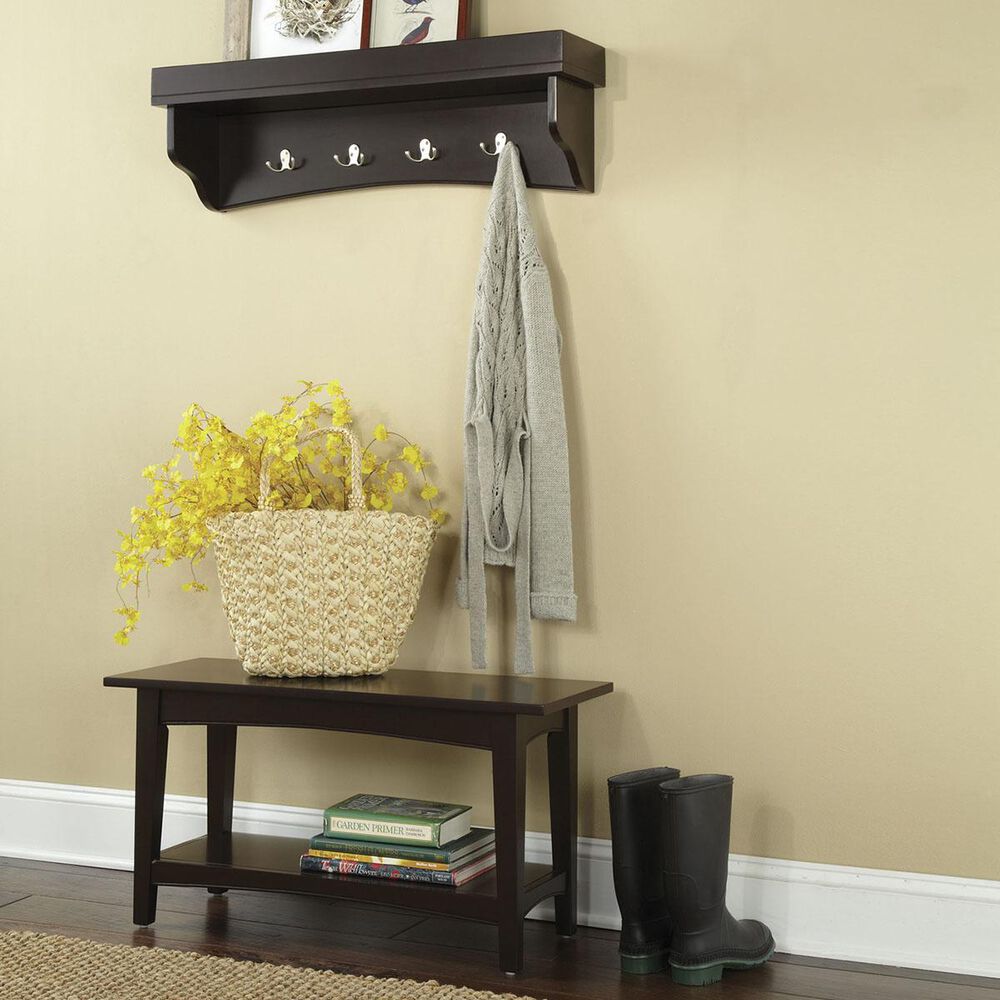 Alaterre Shaker Cottage Bench and Coat Hooks with Tray in Chocolate, , large