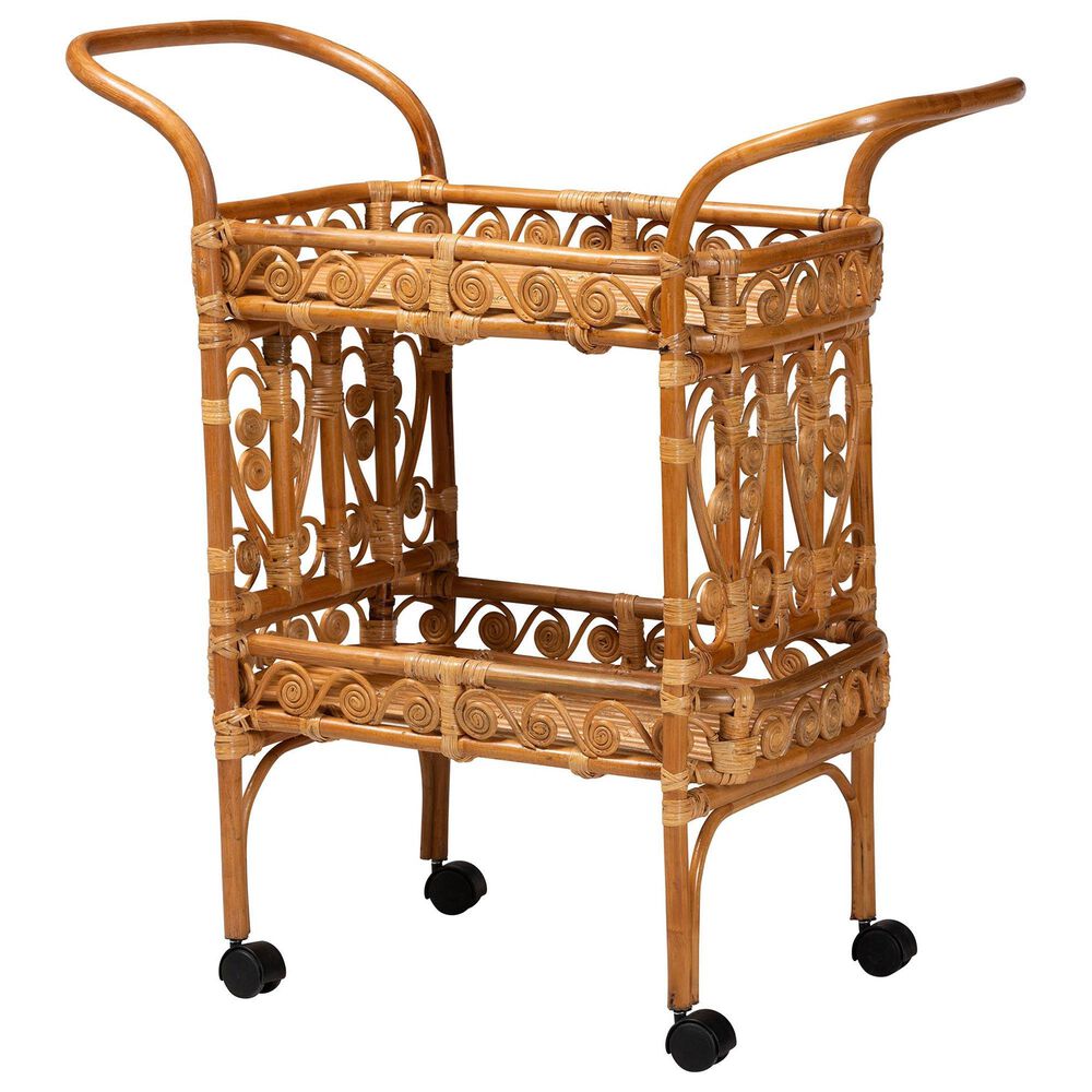 Baxton Studio Diwata 2-Tier Rattan Kitchen Cart in Natural Brown, , large