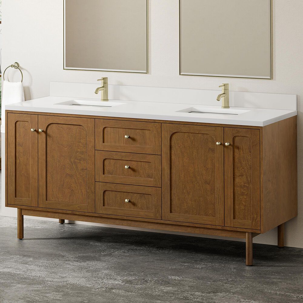 James Martin Laurent 72" Double Bathroom Vanity in Honey Oak with Single Hole 3 cm White Zeus Silestone Top and Rectangular Sinks, , large