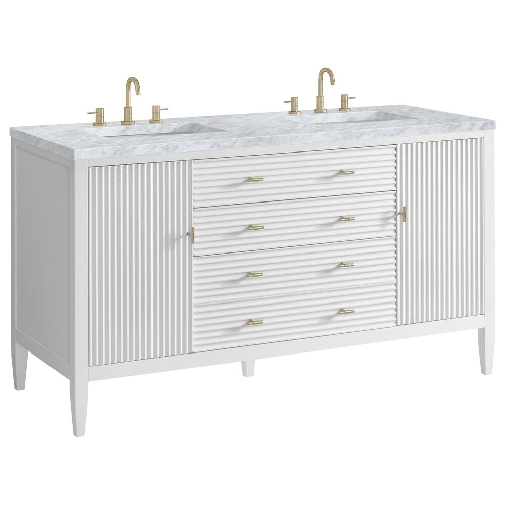 James Martin Vanities Myrrin 60" Double Vanity in Bright White with 3 cm Carrara White Marble Top, , large