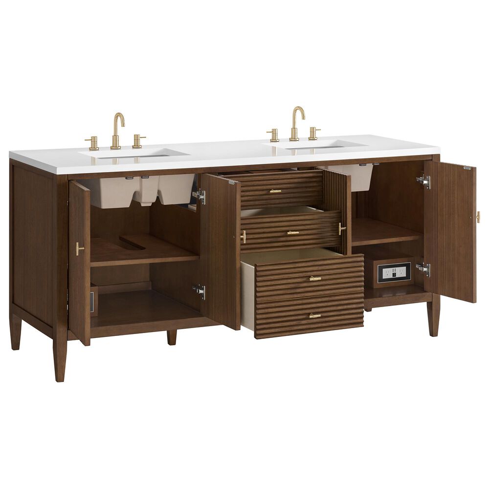 James Martin Vanities Myrrin 72&quot; Double Vanity in Mid-Century Walnut with 3 cm White Zeus Quartz Top, , large