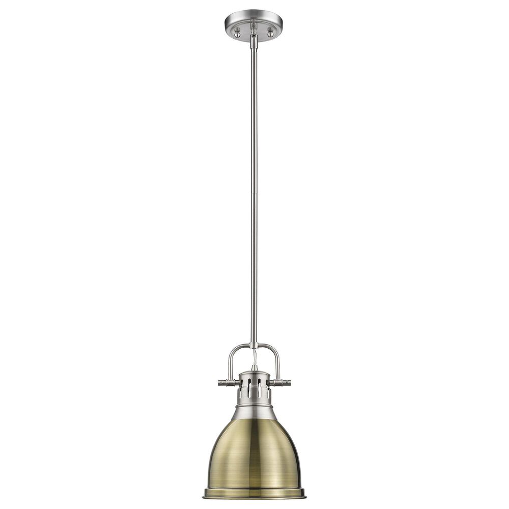 Golden Lighting Duncan 1-Light Small Pendant with Rod and Aged Brass Shade in Pewter, , large