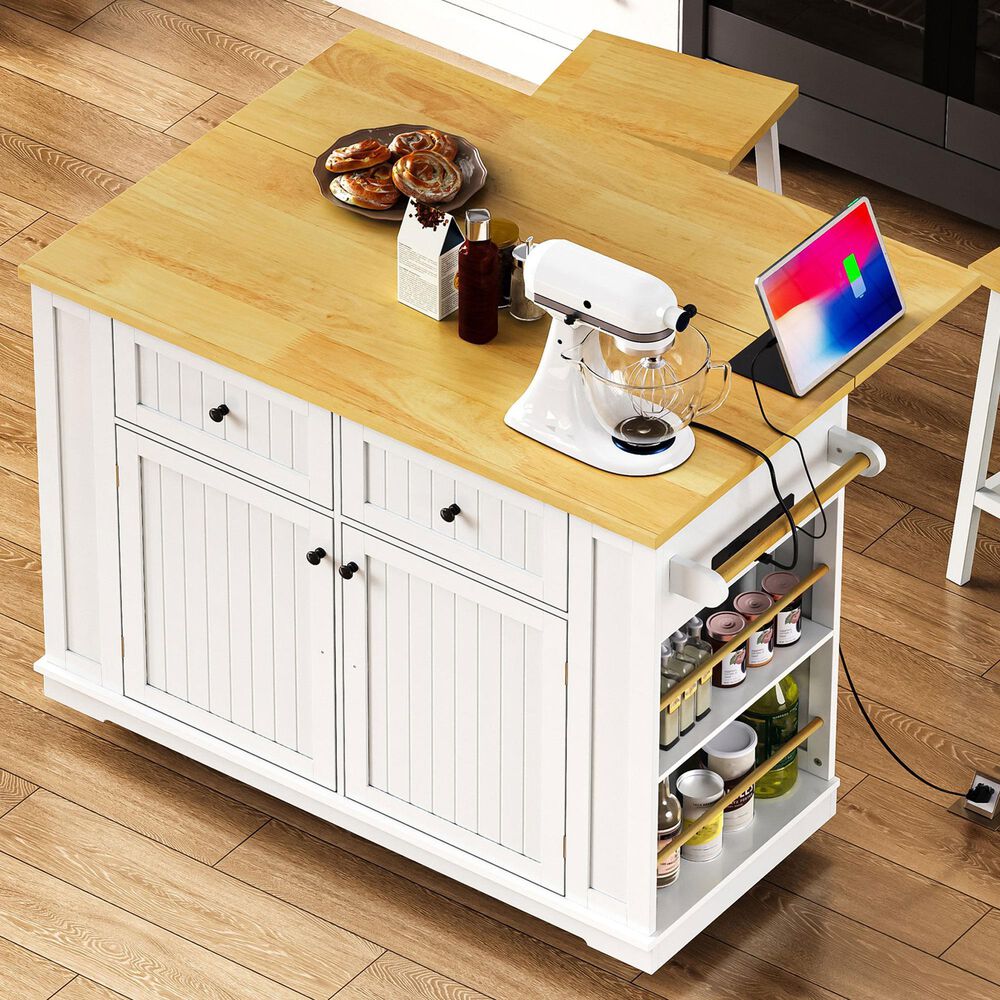 HOMLUX 48" Kitchen Island with Drop Leaf in White and Natural, , large