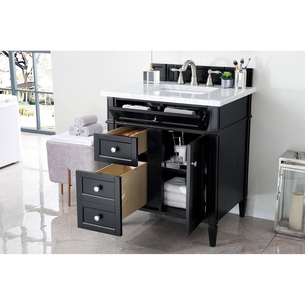 James Martin Vanities Brittany 30&quot; Single Bathroom Vanity in Black Onyx with 3 cm Carrara White Marble Top and Rectangle Sink, , large