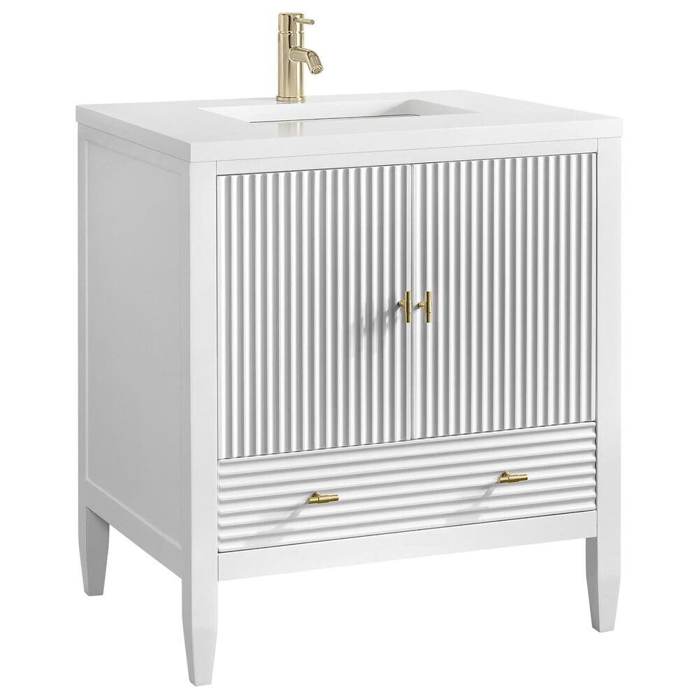 James Martin Myrrin 30" Single Bathroom Vanity in Bright White with Single Hole 3 cm White Zeus Silestone Top and Rectangular Sink, , large