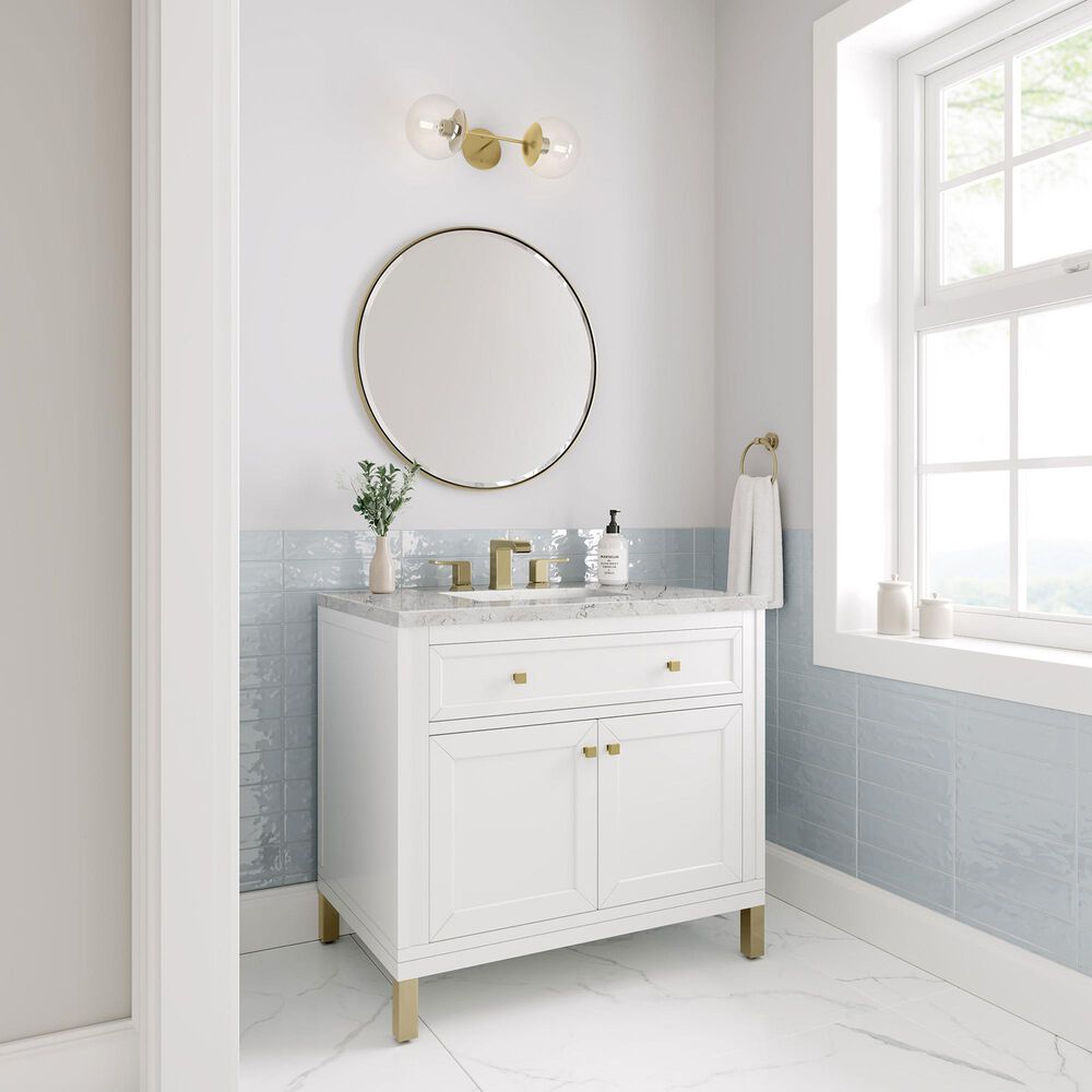 James Martin Vanities Chicago 36&quot; Single Bathroom Vanity in Glossy White with 3 cm Eternal Jasmine Pearl Quartz Top and Rectangular Sink, , large