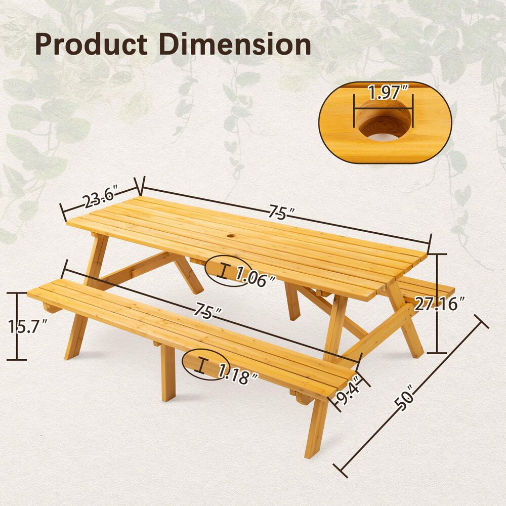 Hearth and Haven Outdoor Wood Picnic Table with 2 Built-in Benches and Umbrella Hole in Brown, , large