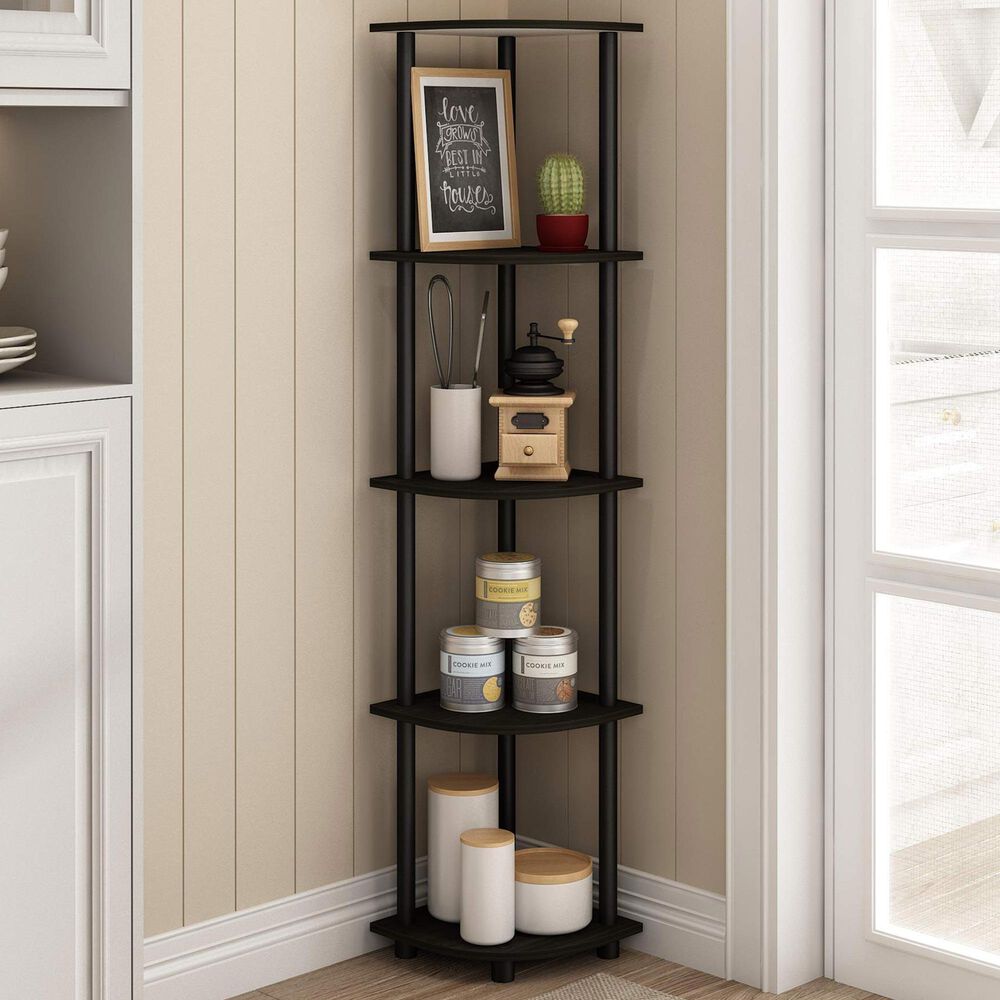 HOMLUX 5-Tier Modern Tall Corner Open Bookshelf in Espresso and Black, , large