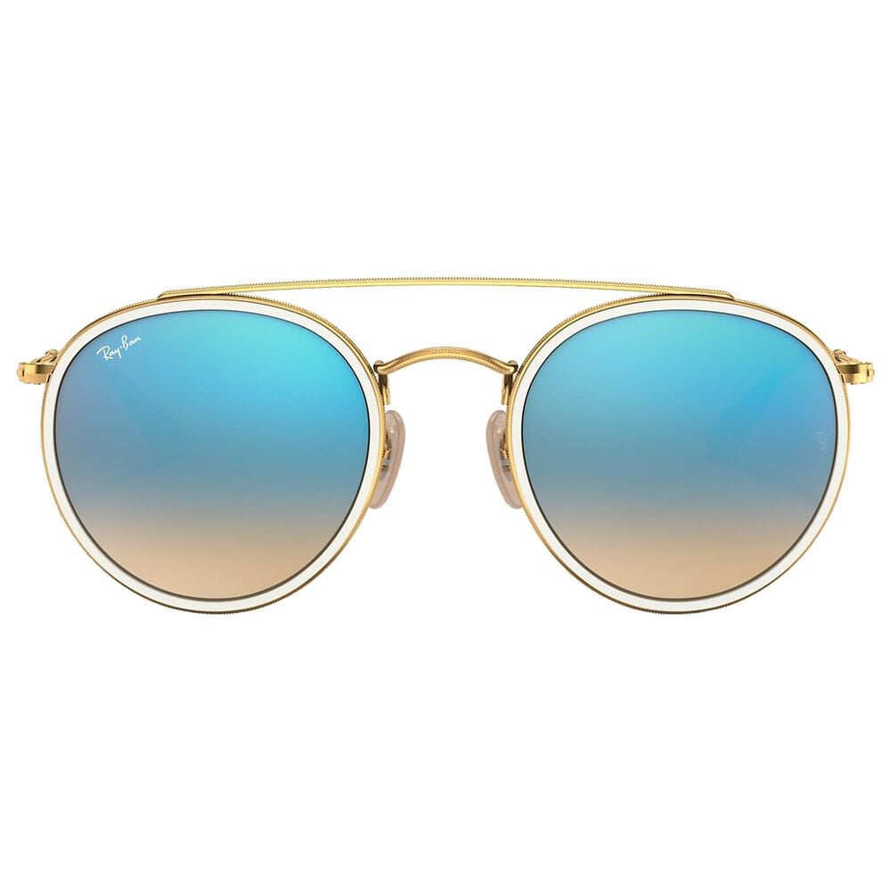 Ray-Ban Round Double Bridge Sunglasses with Blue Lenses in Polished Gold, , large