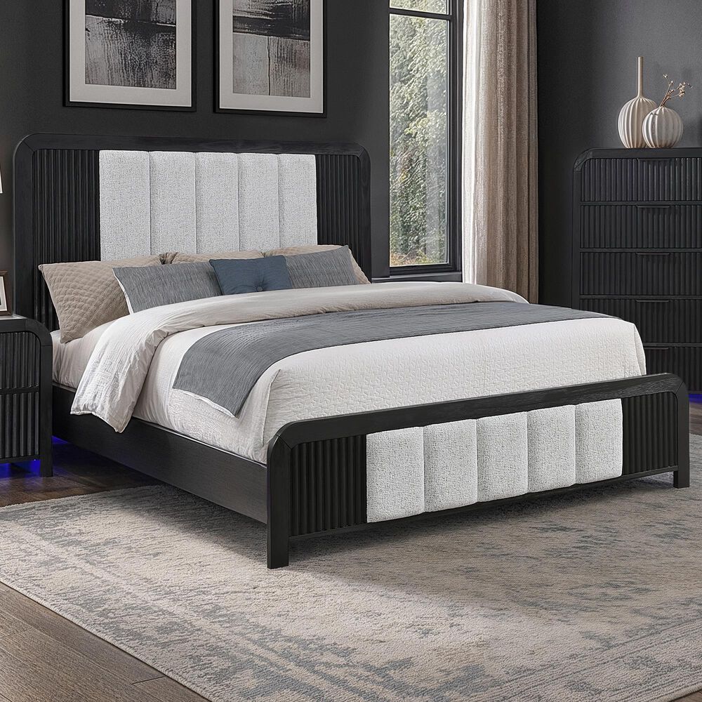 Modern Market Beckett King Platform Bed with LED Lights in Black Finish and White Fluted Upholstery, , large