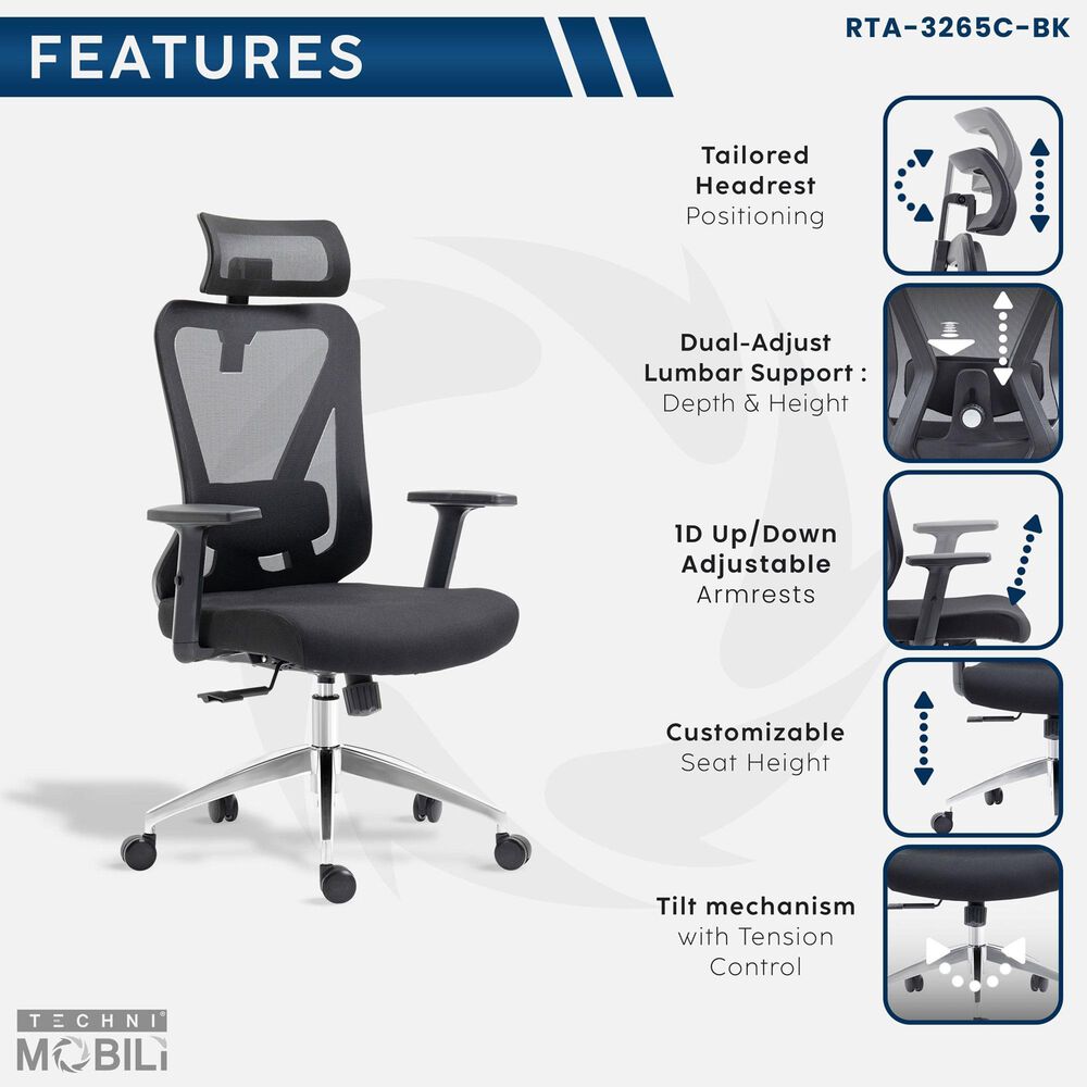 Rta Products Llc Truly Ergonomic Mesh Office Chair with Headrest and Lumbar Support in Black, , large
