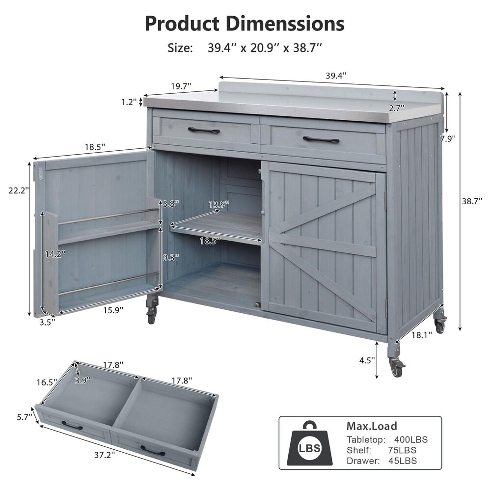 HOMLUX 39" Outdoor Kitchen Island with Stainless Table Top in Grey Blue, , large