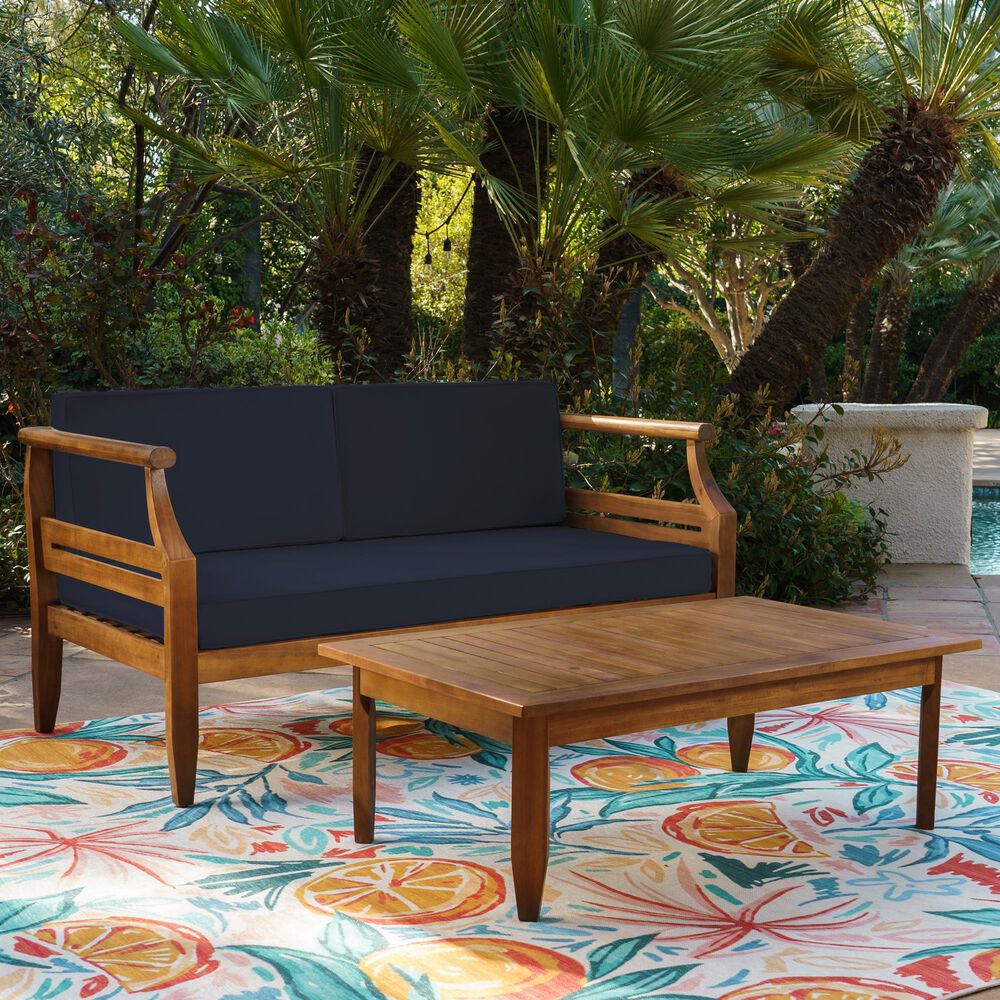 Linon Home Decor Arlen 2-Piece Outdoor Conversation Set with Navy Blue Cushion in Brown, , large