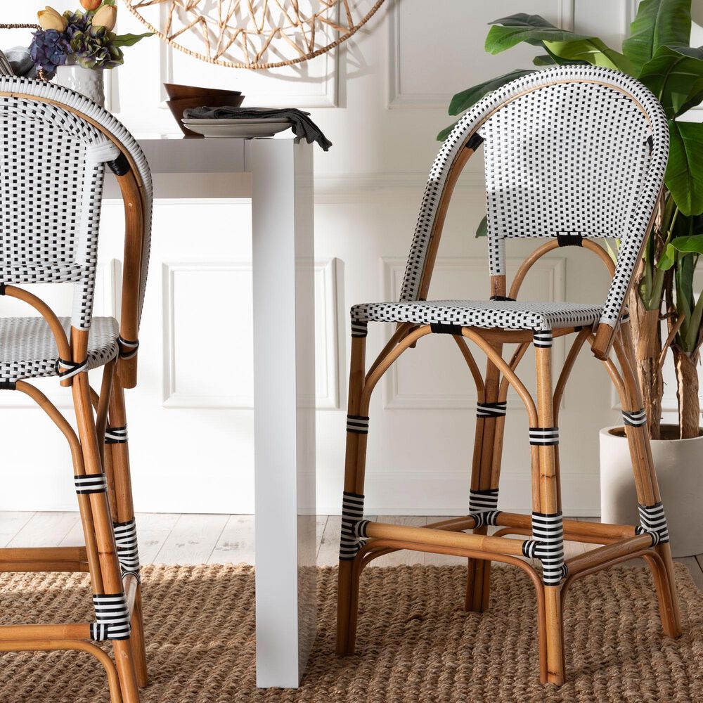 Baxton Studio Genica Bar Stool with Two-Tone Black and White Weaving in Natural Rattan, , large