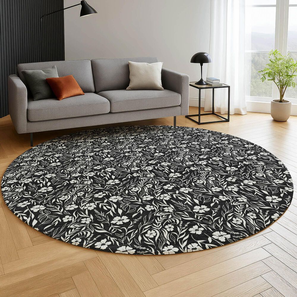 Dalyn Rug Company Soft Essentials Floral Black 8' Round Indoor/Outdoor Area Rug, , large