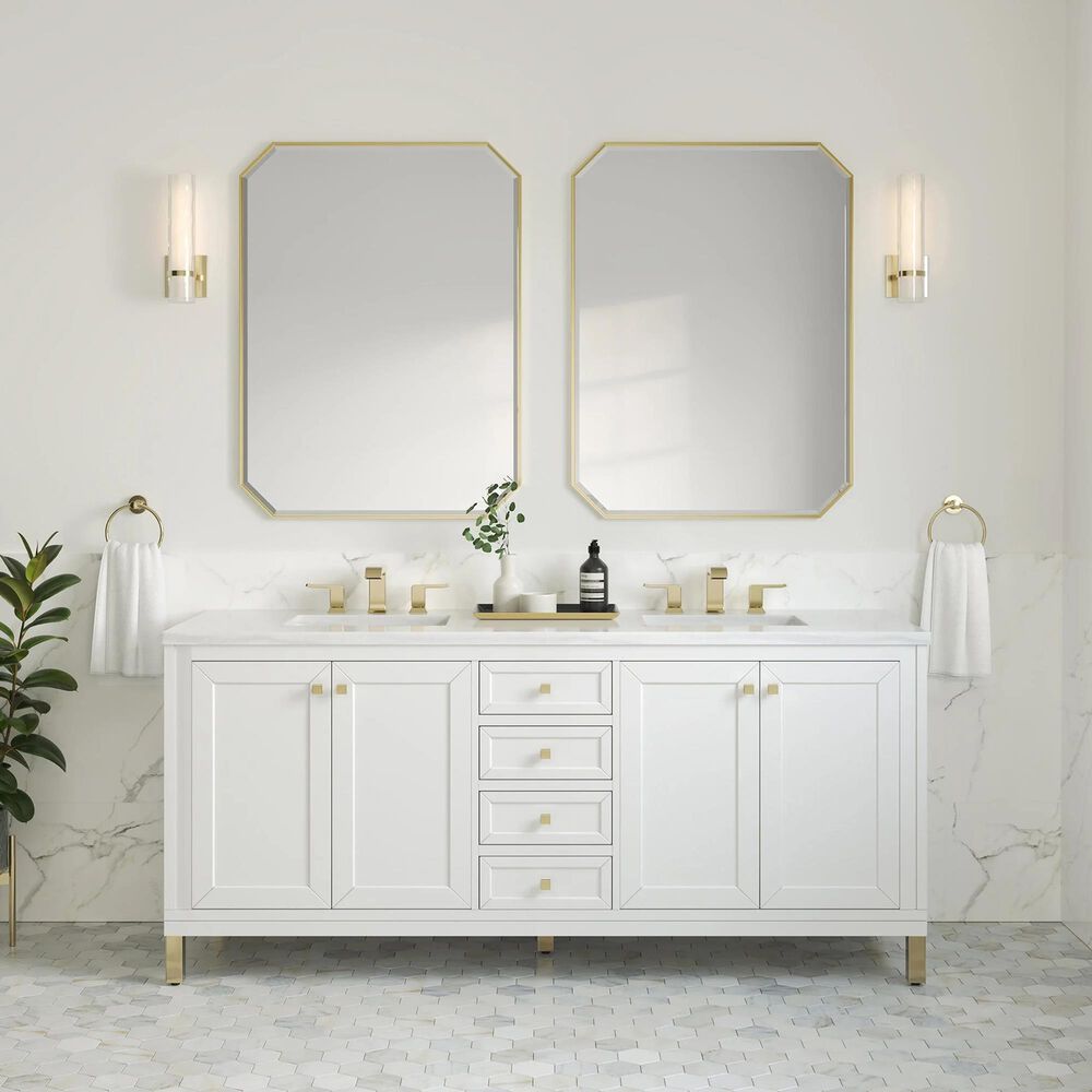 James Martin Vanities Chicago 72&quot; Double Bathroom Vanity in Glossy White with 3 cm Arctic Fall Solid Surface Top and Rectangular Sinks, , large