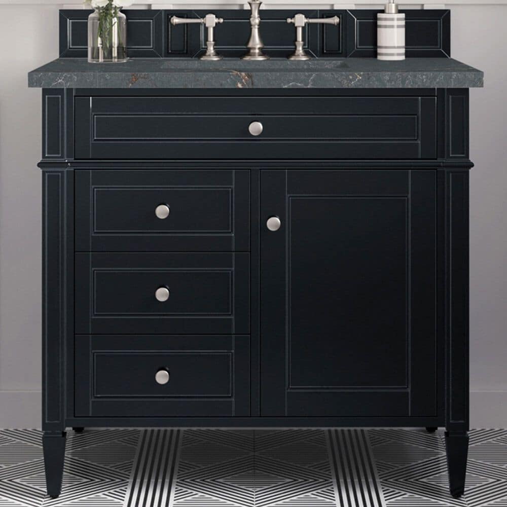 James Martin Vanities Brittany 36" Single Bathroom Vanity in Black Onyx with 3 cm Parisien Bleu Quartz Top and Rectangular Sink, , large