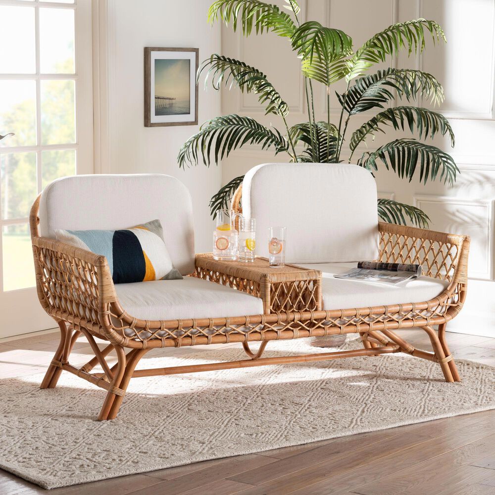 Baxton Studio Pakis Stationary Tete-a-Tete Sofa with Light Honey Rattan in Neutral, , large