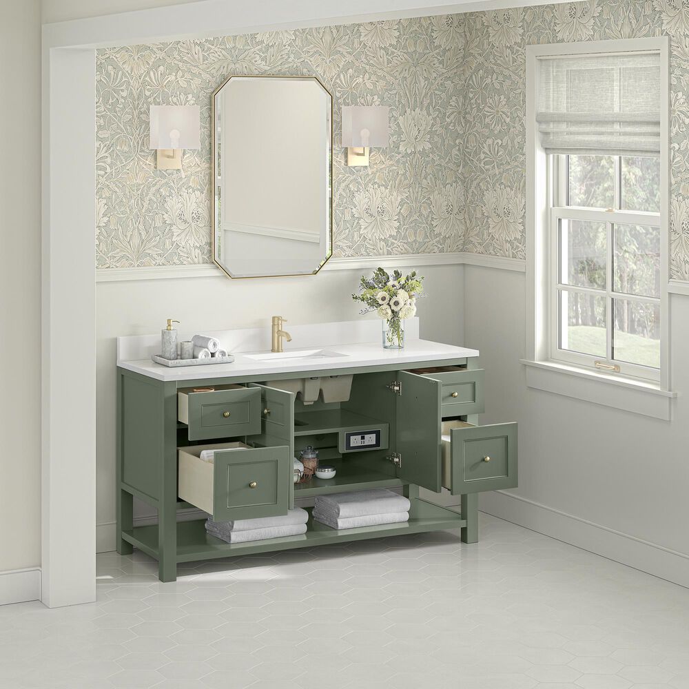 James Martin Vanities Breckenridge 60&quot; Single Bathroom Vanity in Smokey Celadon with Single Hole 3 cm White Zeus Quartz Top and Rectangular Sink, , large