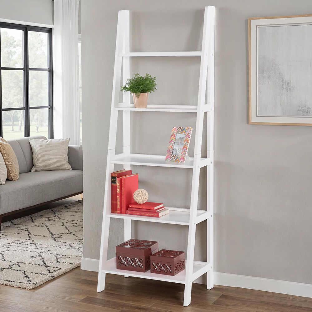 Linon Home Decor Acadia 5-Shelf Ladder Bookcase in White, , large