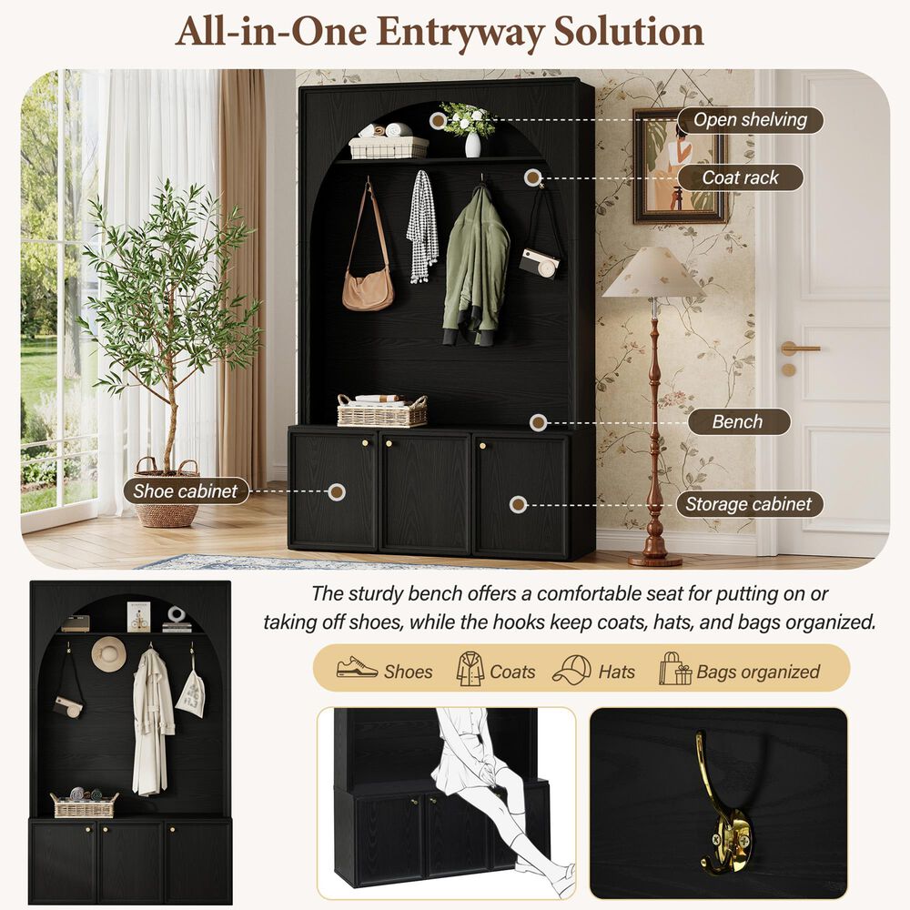 HOMLUX 4-Hook Hall Tree with Entryway Storage Bench in Black, , large