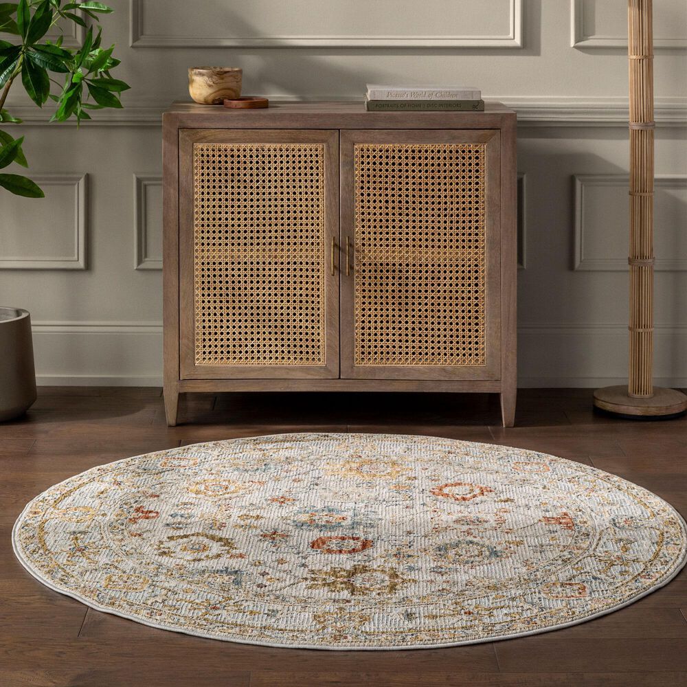 Surya Reina Light Gray, Cream, Denim, Rust, Mustard, Olive and Tan 6'7" Round Area Rug, , large