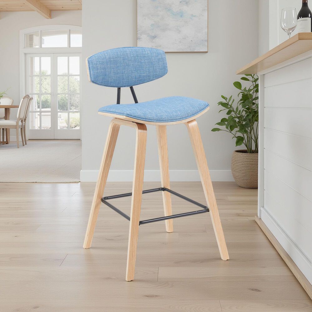 Armen Living Fox Bar Height Stool with Light Blue Upholstery in Patterned Oak, , large