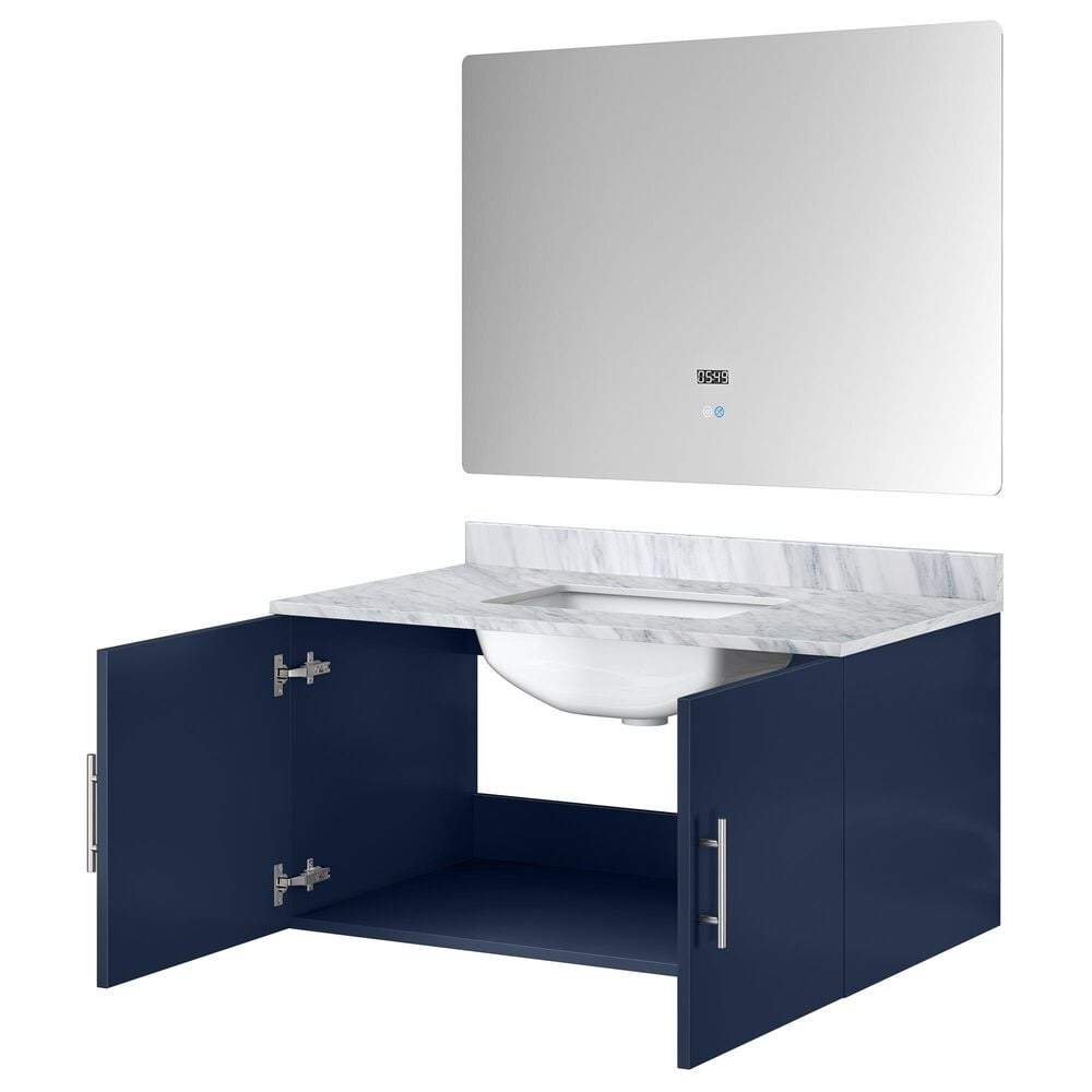 Lexora Home Geneva 36&quot; Single Bathroom Vanity in Glossy White with 2 cm White Carrara Marble Top, Rectangular Sink and 36&quot; LED Mirror, , large