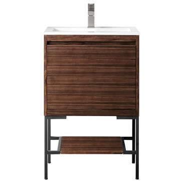James Martin Mantova 23.6" Single Vanity in Mid-Century Walnut and Matte Black with 3 cm Glossy White Composite Stone Top and Rectangular Sink, , large