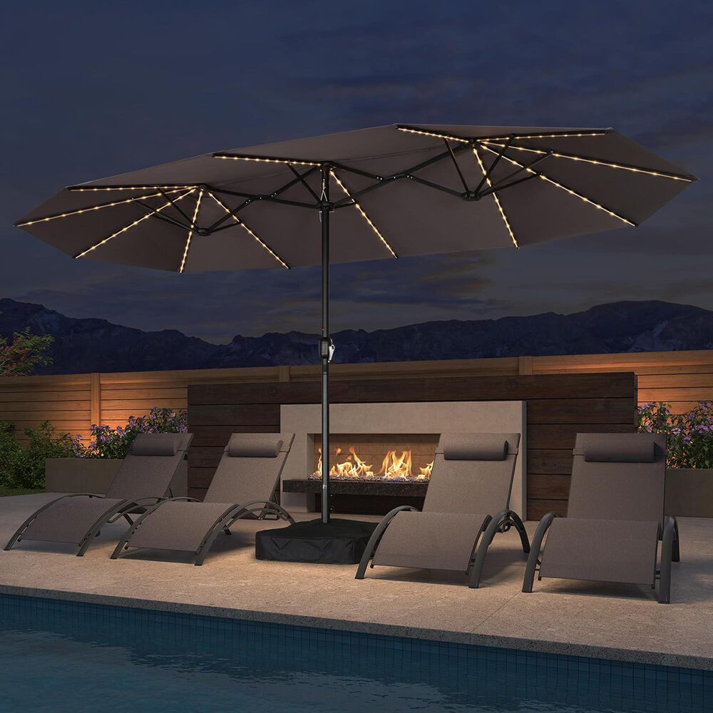 HOMLUX 14' Outdoor Double-Sided Market Umbrella with Base and Solar LED Lights in Grey, , large