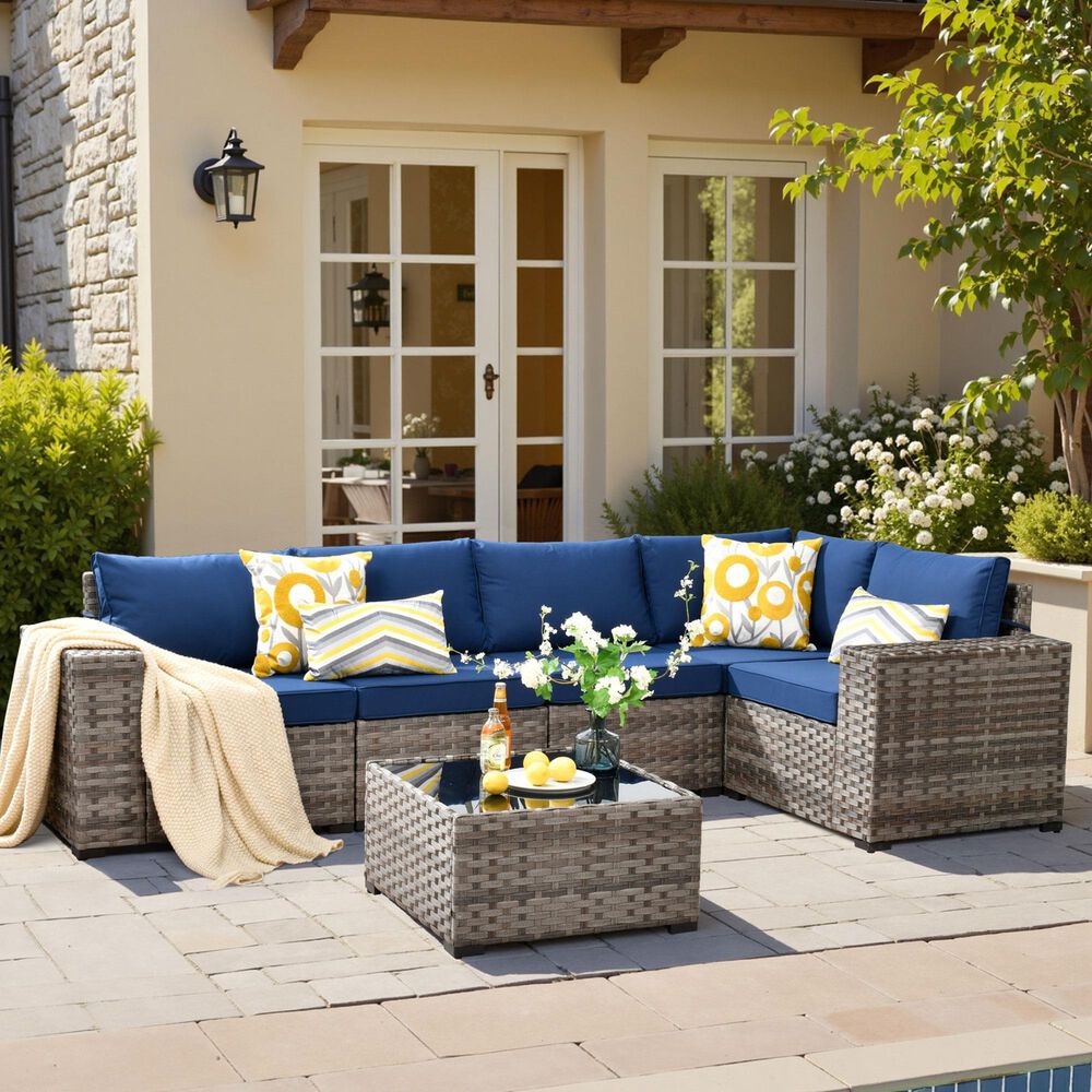 HOMLUX 6-Piece Outdoor Wicker Sectional Patio Furniture Set in Navy Blue, , large