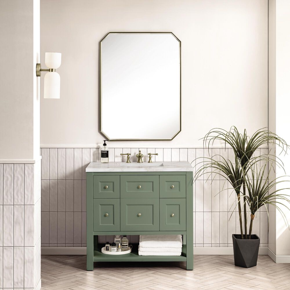 James Martin Vanities Breckenridge 36&quot; Single Bathroom Vanity in Smokey Celadon with 3 cm Victorian Silver Quartz Top and Rectangular Sink, , large