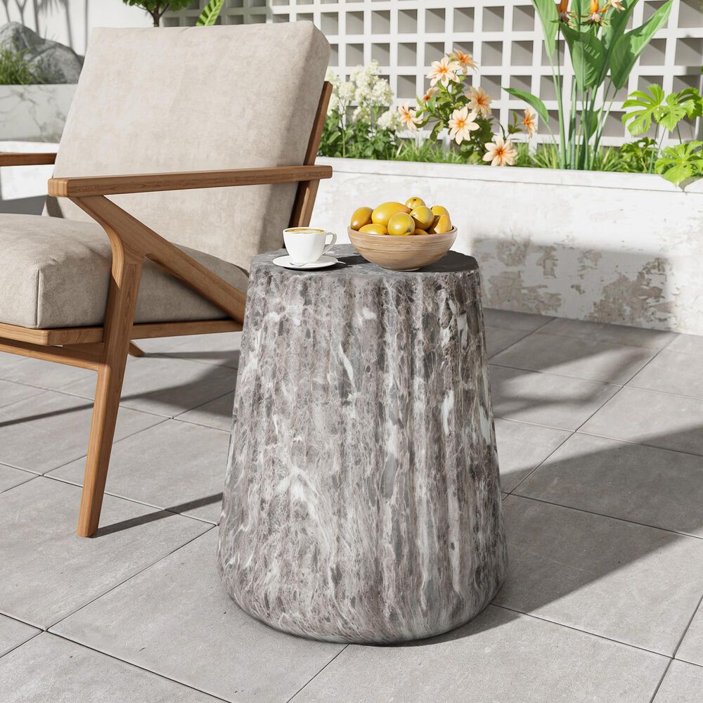 Hearth and Haven Outdoor Carved Side Table with Faux Natural Stone Texture in Brown, , large