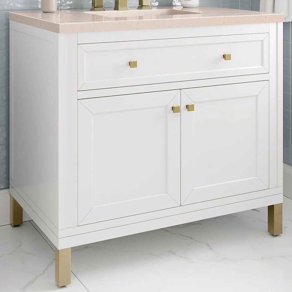 James Martin Vanities Chicago 36&quot; Single Bathroom Vanity in Glossy White with 3 cm Eternal Marfil Quartz Top and Rectangular Sink, , large