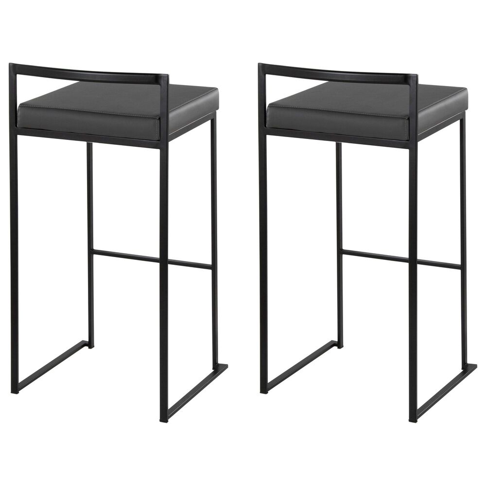 Lumisource Fuji Stackable Barstool with Grey Faux Leather Cushion in Black &#40;Set of 2&#41;, , large