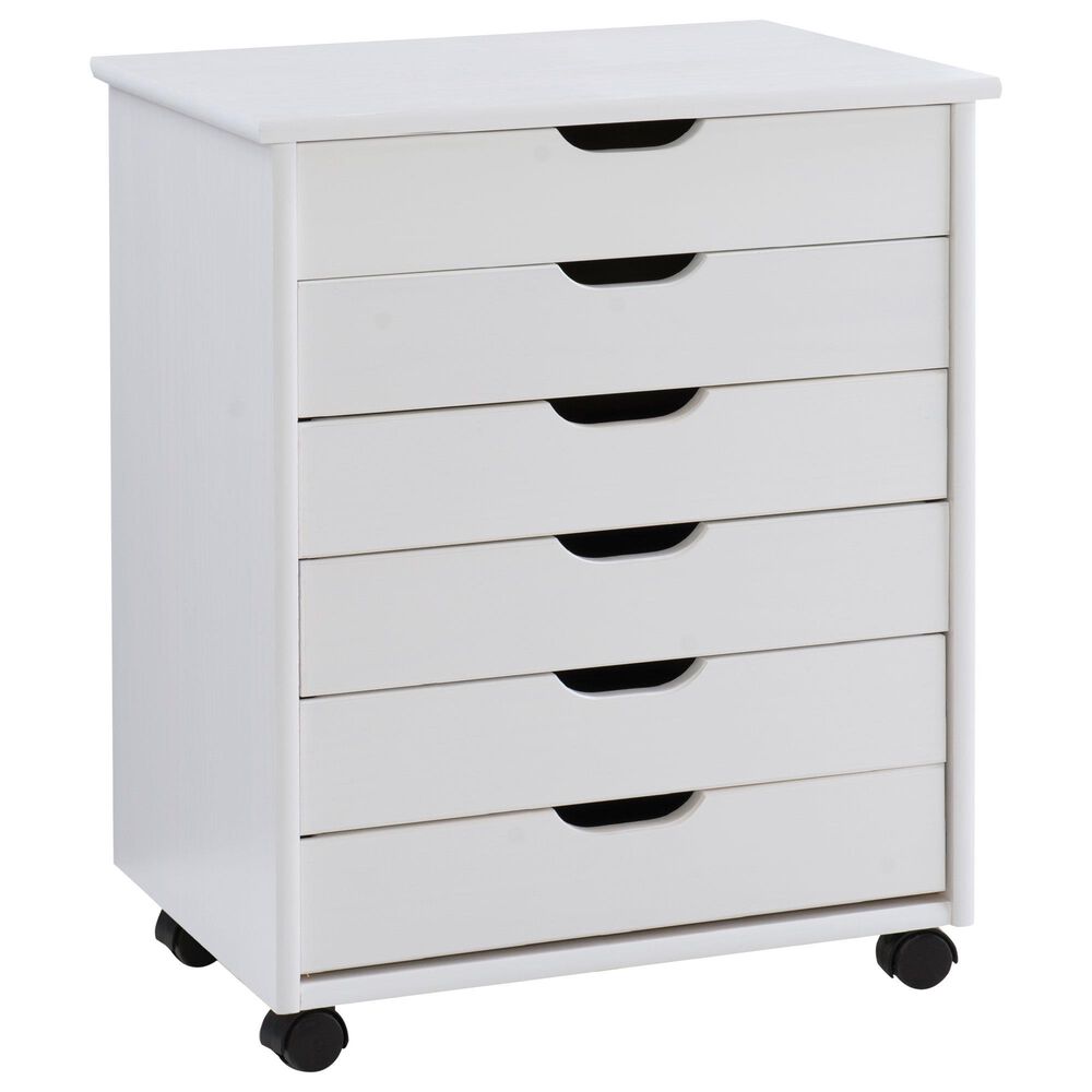 Linon Home Decor Cary 6-Drawer Wide Rolling Cart in White Wash, , large