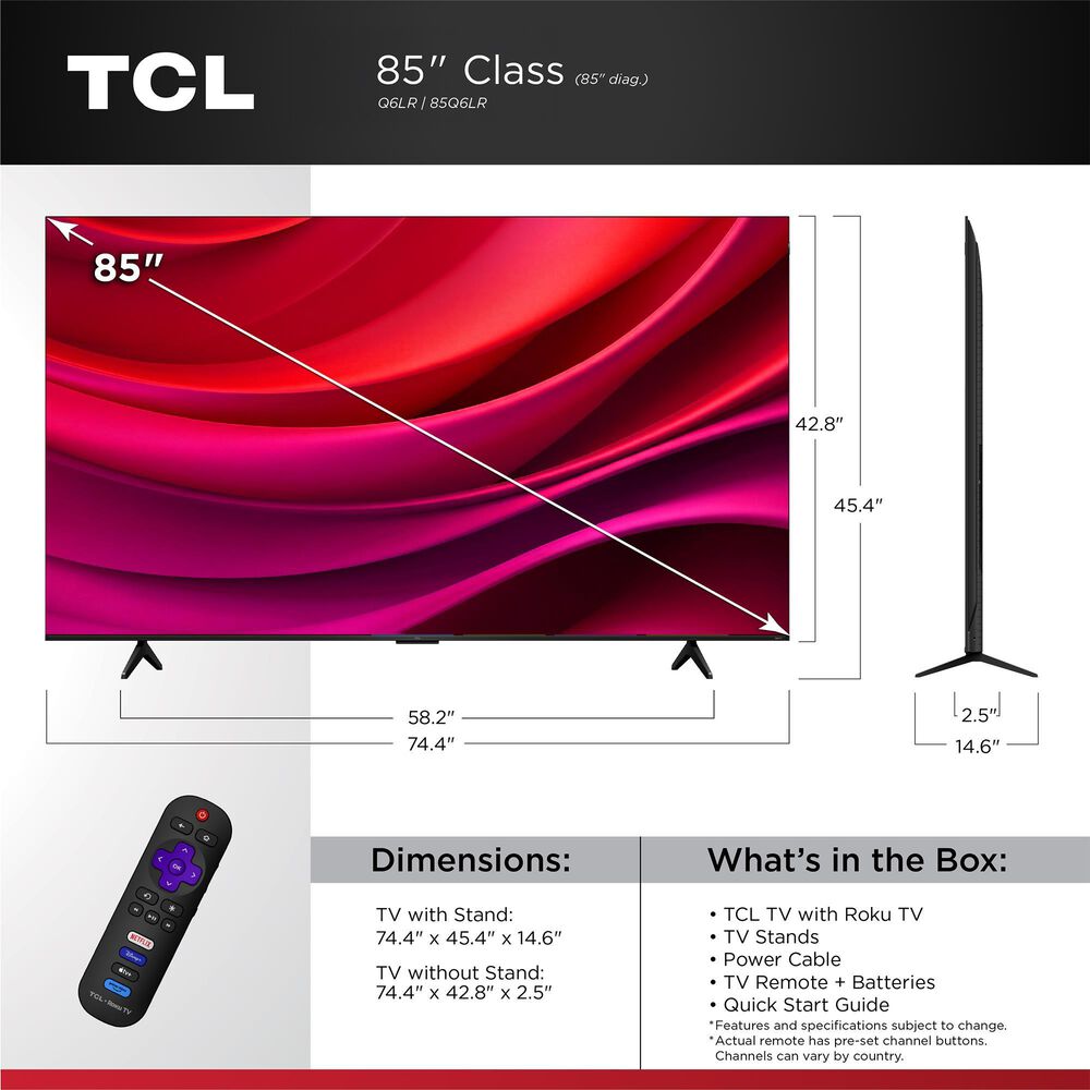 TCL 85" Class Q6LR Series 4K QLED Smart TV with Roku TV, , large