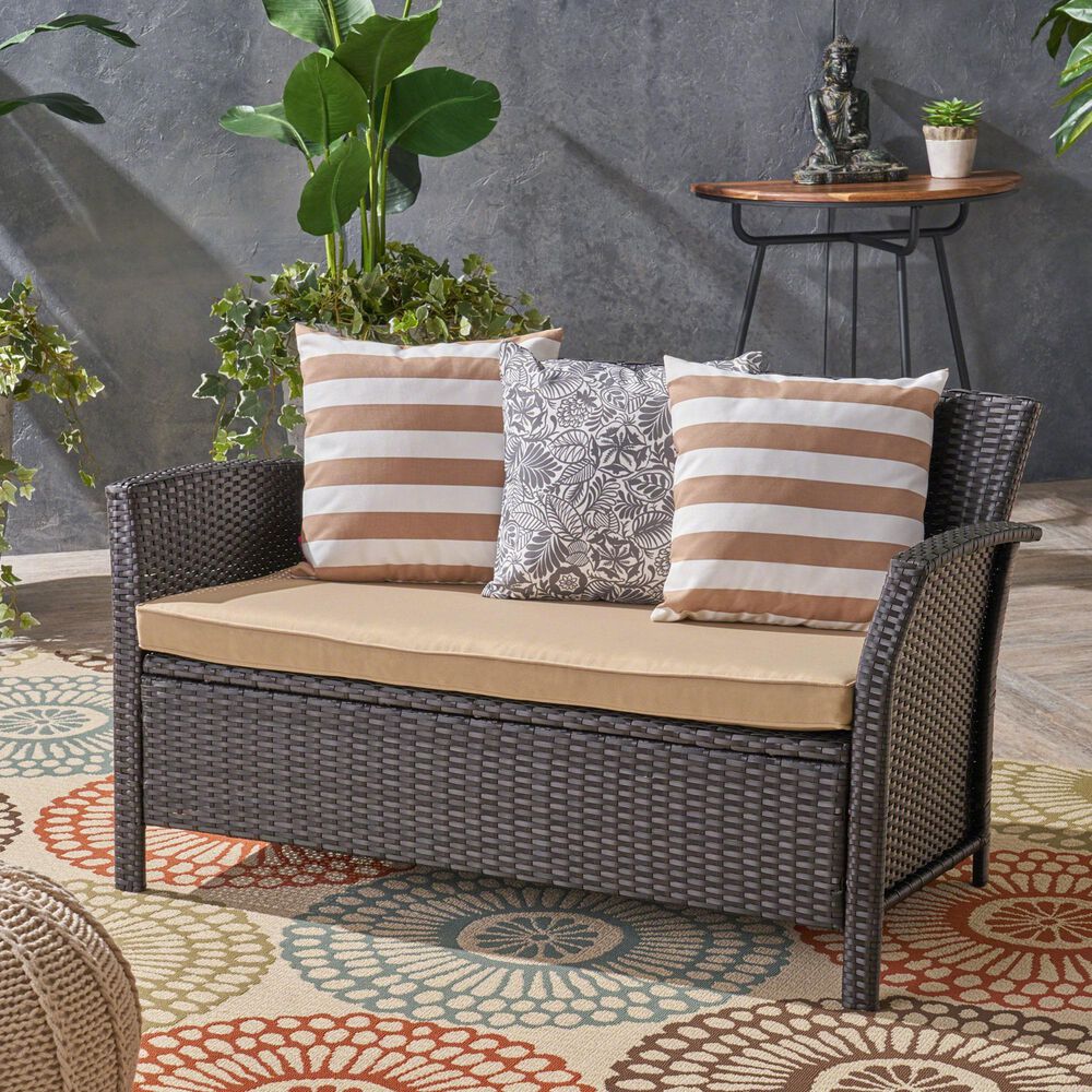 Hearth and Haven ST Lucia Outdoor Loveseat with Tan Cushion in Brown, , large