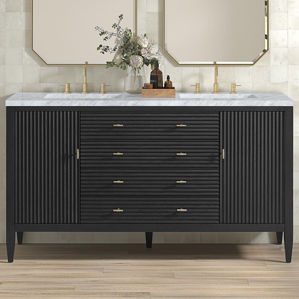 James Martin Vanities Myrrin 60&quot; Double Vanity in Carbon Oak with 3 cm Carrara White Marble Top, , large
