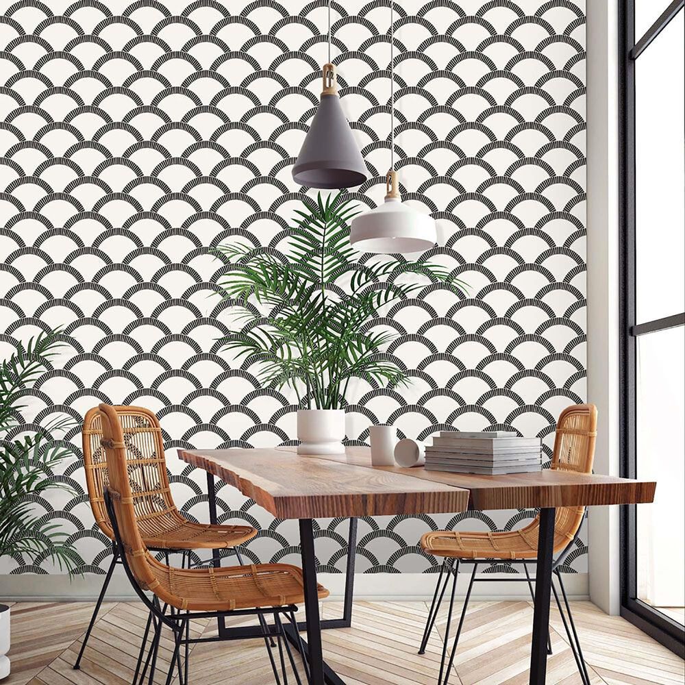 Tempaper 28 sq. ft. Mosaic Scallop Black &amp; Cream Peel and Stick Wallpaper, , large