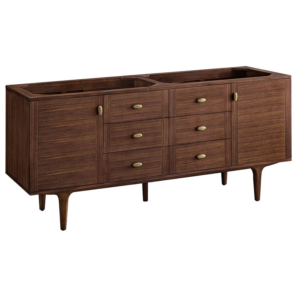 James Martin Vanities Amberly 72&quot; Double Bathroom Vanity in Mid-Century Walnut with Single Hole 3 cm White Zeus Quartz Top and Rectangular Sinks, , large