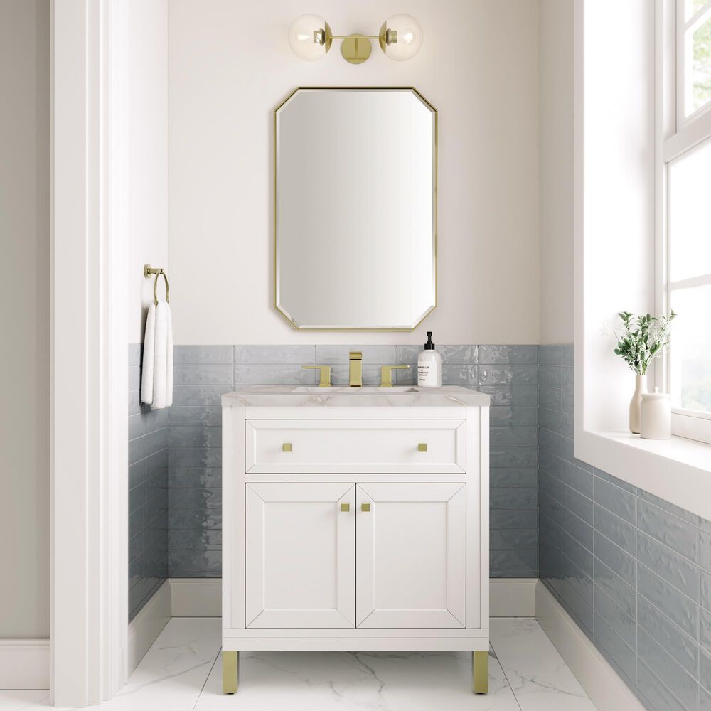 James Martin Vanities Chicago 30&quot; Single Bathroom Vanity in Glossy White with 3 cm Victorian Silver Quartz Top and Rectangular Sink, , large