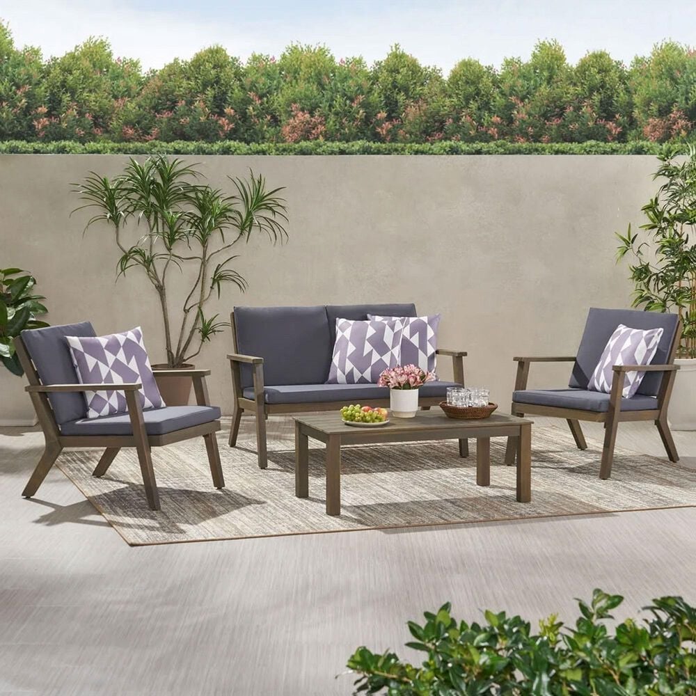 Hearth and Haven Temecula 4-Piece Outdoor Chat Set with Rectangular Coffee Table in Gray, , large
