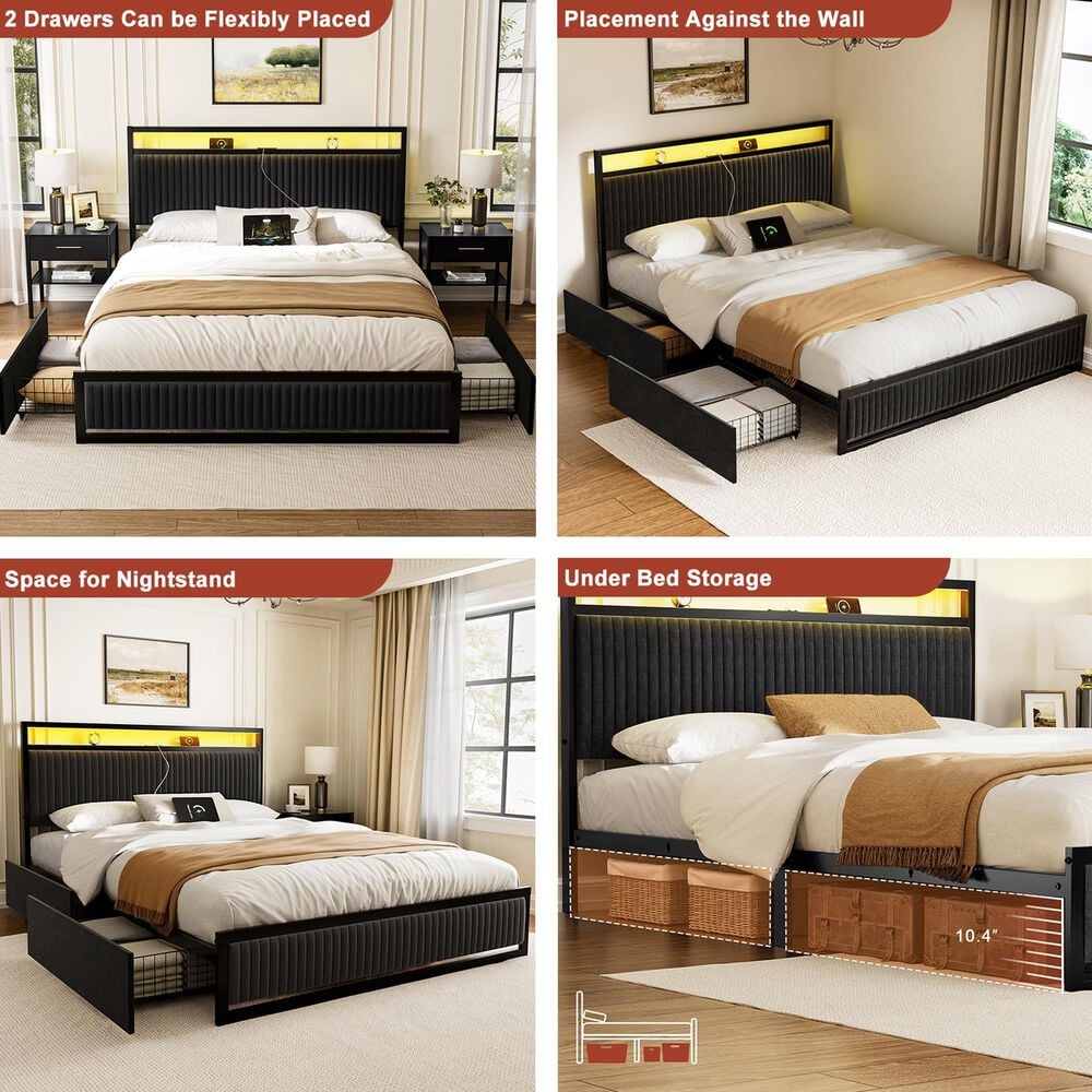 HOMLUX Full Upholstered Platform Storage Bed Frame in Black, , large