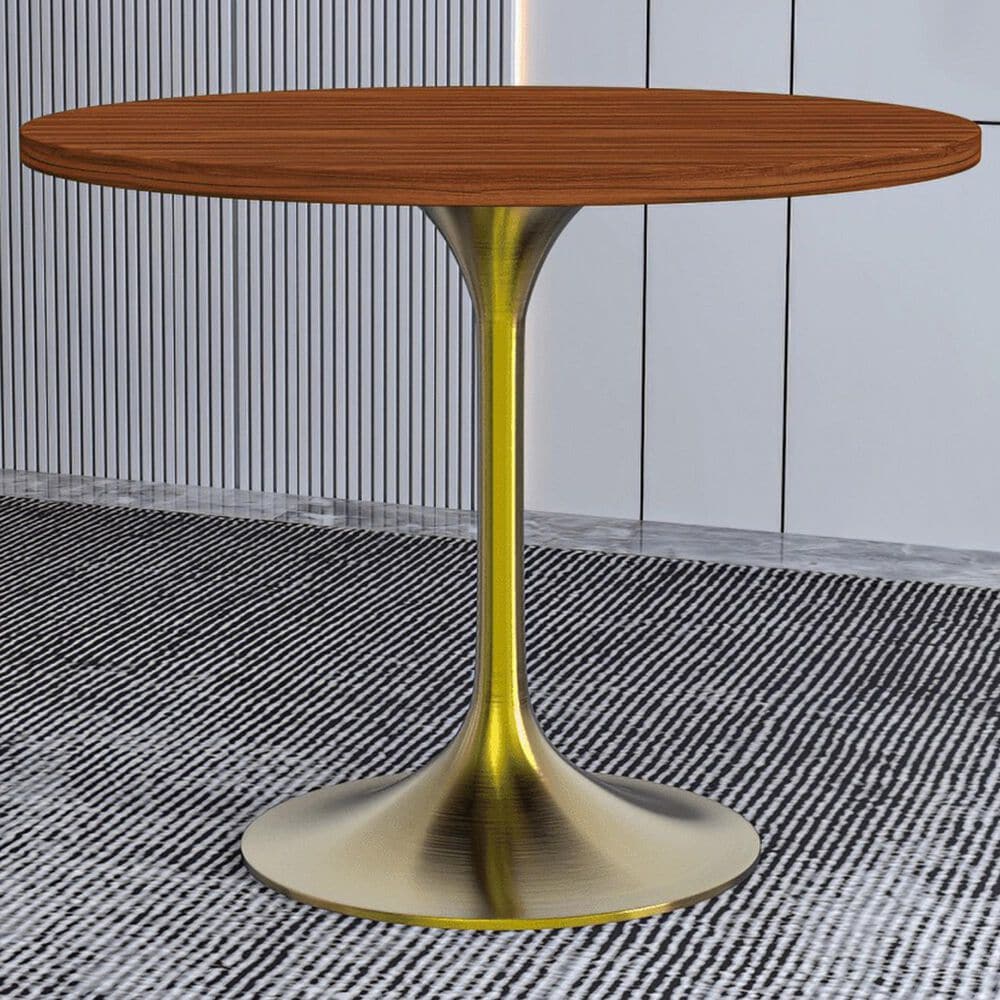 Leisuremod LeisureMod Verve Collection 36 Round Dining Table, Brushed Gold Base with Cognac Brown MDF Top, , large