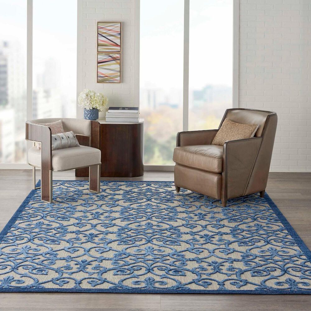 Nourison Aloha Damask 9&#39;6&quot; x 13&#39; Grey and Blue Indoor/Outdoor Area Rug, , large