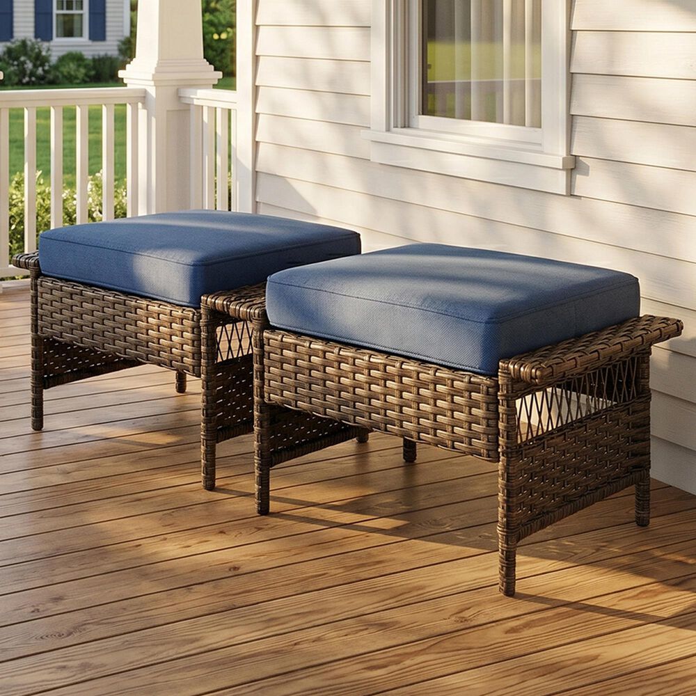 Sunwell Garden Outdoor Ottoman with Navy Cushion in Brown (Set of 2), , large