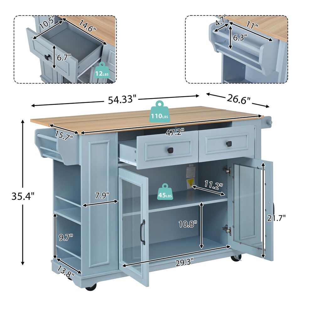 HOMLUX 54" Mobile Kitchen Island with Glass Door Storage in Grey and Blue, , large
